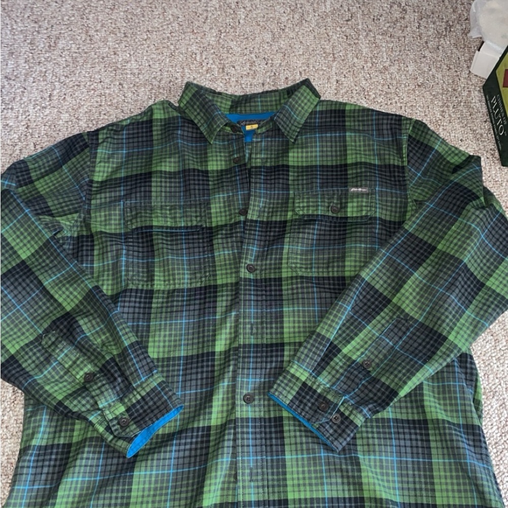 Eddie Bauer Green and Blue Plaid Casual Button Down Shirt